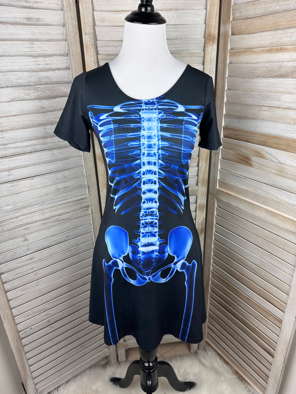 Dolls Kill Black Blue Skeleton Graphic Design Fit & Flare Mini Dress Size XS